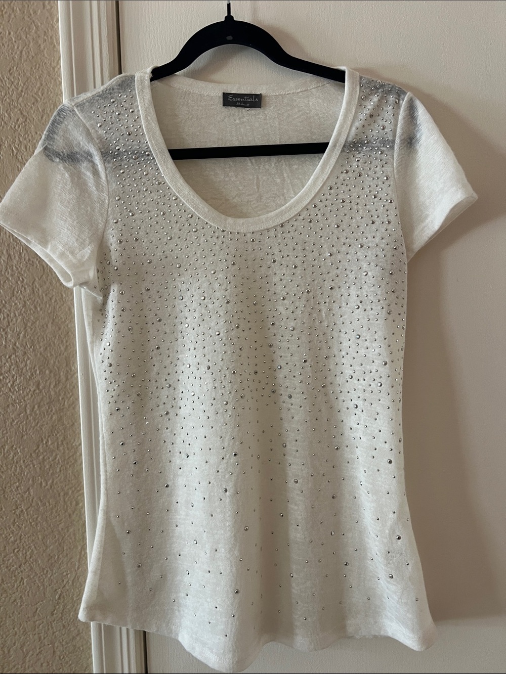 Essentials White Short Sleeve Scoop Neck Top with Silver Studs